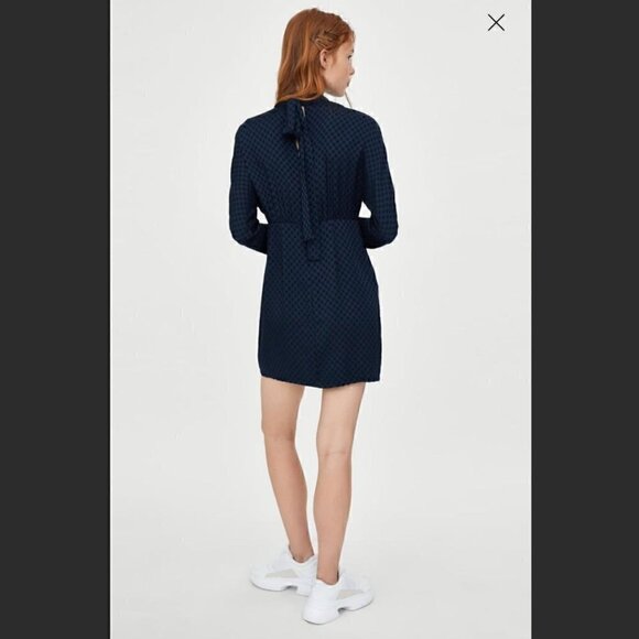 Zara Mini Dress S Satin High Mock Neck Tie Polka Dot Long Sleeve Navy Blue Black - Picture 12 of 15